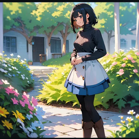 (high quality, High resolution, Very detailed, reality:1.37), Peaceful atmosphere, (Outdoor, garden), Teenage girl standing alone, (my breasts are big.), Beautiful details, Cute Smile, (Black bob hair), Ribbed sweater, Blue Skirt, Black tights, Brown boots...