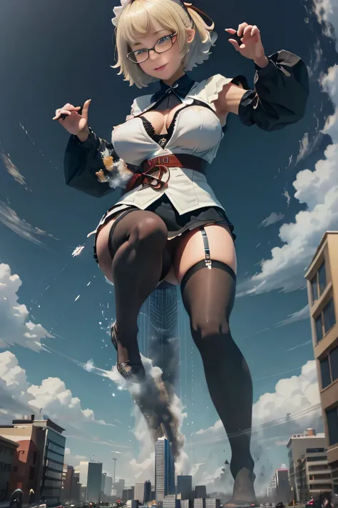 giantess art, highly detailed giantess shots, giantess, Two legs, Five fingers, short hair, A beautiful girl who is bigger than a skyscraper, Wearing rimless glasses, smile, Big Breasts, Maid clothes, Black Pantyhose, black pantyhose, no shoes on, toes vis...