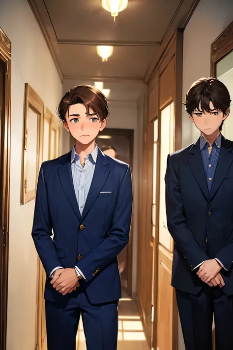 ((best quality)), ((masterpiece)), ((detailed)), (((perfect face))), (((18yo teen boy in navy blue suit))), (((brown hair))), (((boy looking away))), (((shy:1.4))), (((interior corridor))), (((standing)))