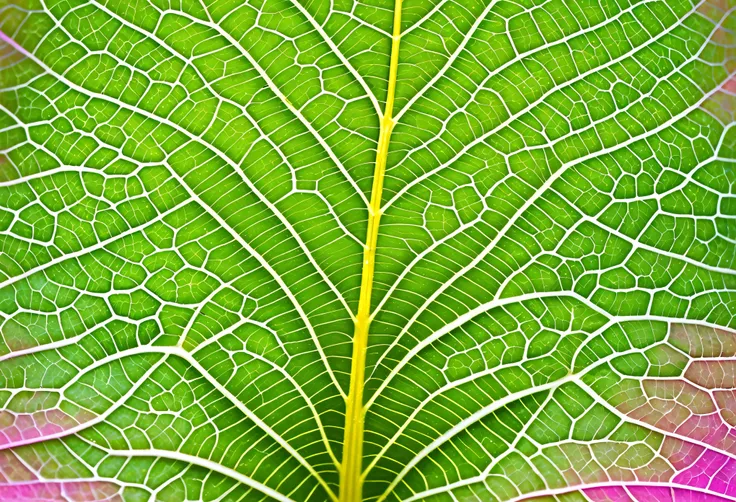 With shimmering hues of pastel pinks and greens, delicately symmetrical veins run through each cute and beautiful leaf. One leaf stands out, showcasing a mesmerizing rainbow of colors in perfect bilateral symmetry. This stunning image, likely a photograph,...