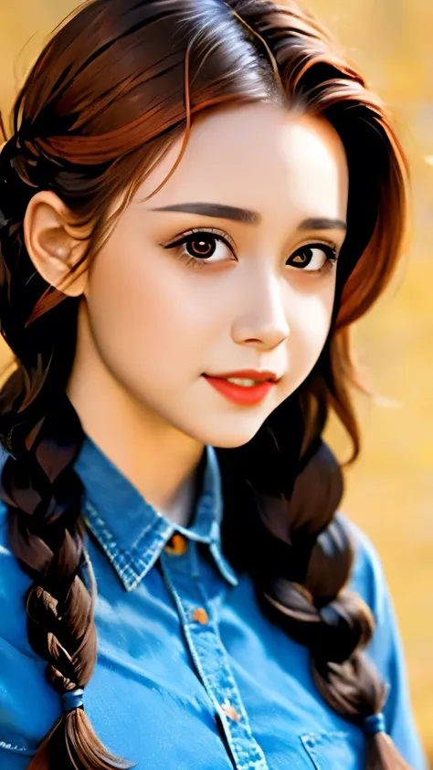 a close up of a woman with long hair wearing a denim shirt, two braids, braided brown hair, red braided hair, braided hair. nightime, braids, gorgeous hair, complex redhead braided hair, woman with braided brown hair, red intricate long braids, pigtail bra...