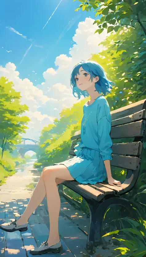 (((Sitting on a bench looking up at the sky:1.37、A girl sitting on the floor and looking up at the sky:1.2、Look at the sky:1.37)))、One Girl、Extremely delicate facial and skin texture、White Summer Knitwear、Black long skirt、Everyday Scenes、Pleasant sunshine、...