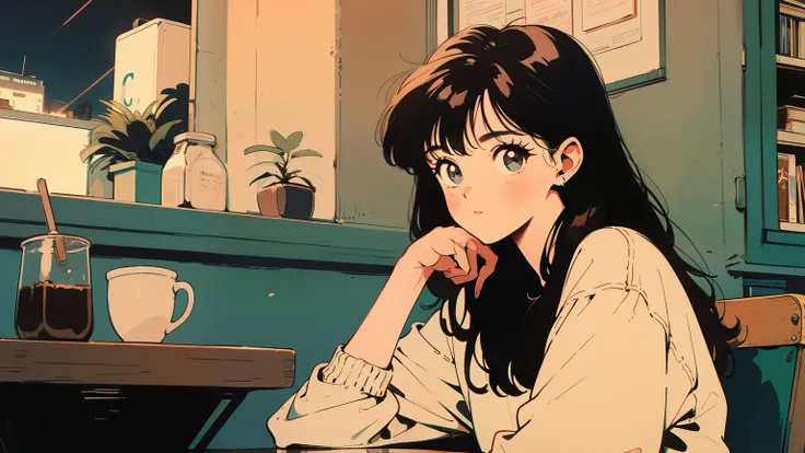 best quality, 4K wallpaper, masterpiece, extremely detailed CG unity 8k wallpaper, extremely detailed eyes, ultra-detailed, intricate details, Brown-haired girl, a cup of coffee, lots of books, comfortable atmosphere, retro, city, night view window