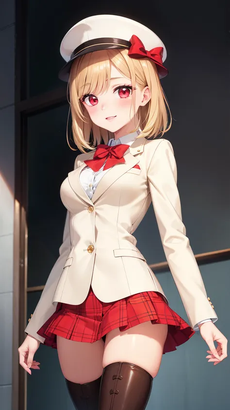 masterpiece, ultra-detailed, illustration, game cg, best quality, highres, kitagawa marin, 1girl, short fluffy blonde hair, swept bangs, gradient hair, red eyes, glossy lips, light smile, blush, medium breasts, hat, red flared miniskirt, white blazer, red ...