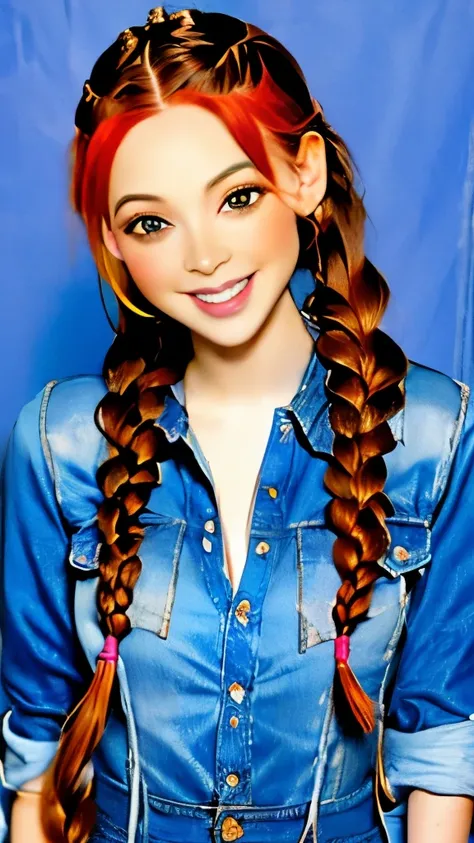 a close up of a woman with long hair wearing a denim shirt, two braids, braided brown hair, red braided hair, braided hair. nightime, braids, gorgeous hair, complex redhead braided hair, woman with braided brown hair, red intricate long braids, pigtail bra...