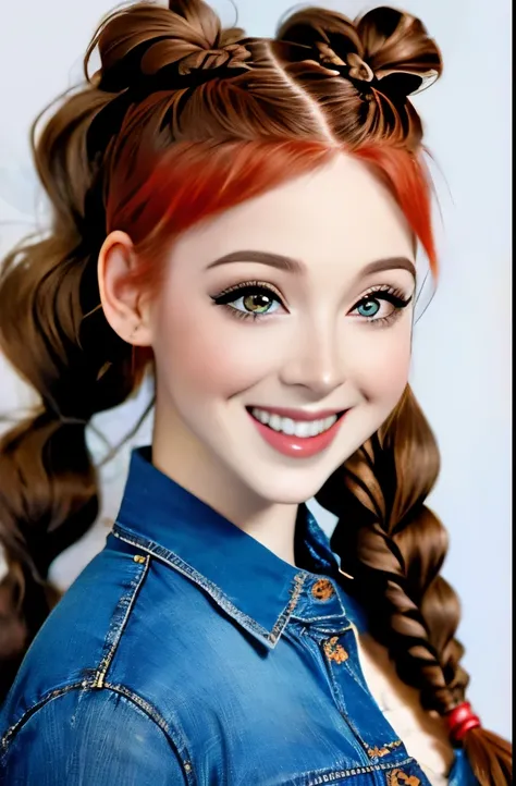 a close up of a woman with long hair wearing a denim shirt, two braids, braided brown hair, red braided hair, braided hair. nightime, braids, gorgeous hair, complex redhead braided hair, woman with braided brown hair, red intricate long braids, pigtail bra...