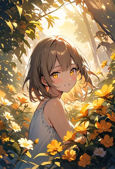  "Picture a serene scene of a girl in a white sundress, peacefully surrounded by flowers, her yellow eyes gently gazing at the viewer. She exudes a sense of calm and happiness, with a subtle grin on her face. The setting sun bathes everything in a warm lig...