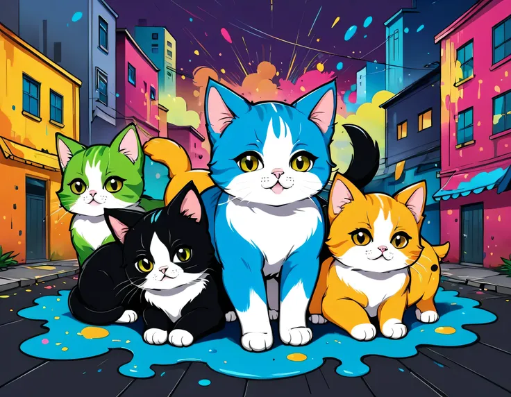 Komugiko 2000 Style, Vector Art, Colorful illustration with lots of cute Persian kittens and puppys, In the center, Vibrant colors, Paint splatters and stains, High Detail, urban background