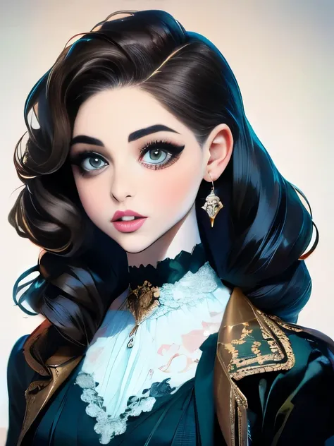 woman with long hair in a black dress and a brown jacket, a portrait inspired by Hermione Hammond, tumblr, art nouveau, long braided curly brown hair, braided brown hair, gorgeous kacey rohl, her wardrobe is attractive, olivia culpo as milady de winter, be...