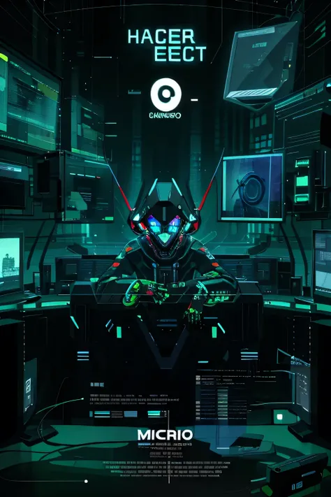 um garoto no estilo cyber punk, com tecnologias, hacker, and with several monitors around you 