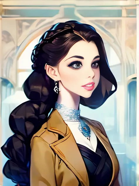 woman with long hair in a black dress and a brown jacket, a portrait inspired by Hermione Hammond, tumblr, art nouveau, long braided curly brown hair, braided brown hair, gorgeous kacey rohl, her wardrobe is attractive, olivia culpo as milady de winter, be...