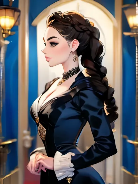 woman with long hair in a black dress and a brown jacket, a portrait inspired by Hermione Hammond, tumblr, art nouveau, long braided curly brown hair, braided brown hair, gorgeous kacey rohl, her wardrobe is attractive, olivia culpo as milady de winter, be...