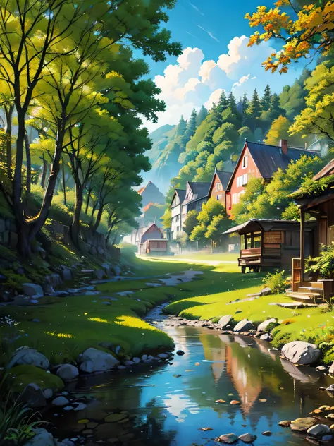 Beautiful digital art, Detailed painting 4k, Highly detailed digital painting, Rich, picturesque colors, forest,townscape,Orange roof