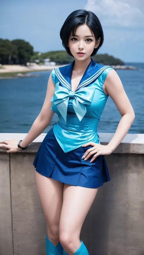 short blue dyed hair!!!!!, must have short blue hair. anime girl in a sailor suit and blue boots and blue short skirt”, high res...