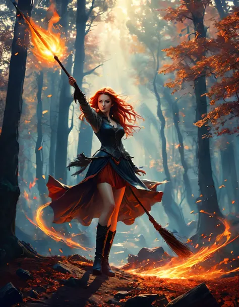 show beautiful Witch while flying on a broomstick with shining lights surrounding her in a medieval forest, color, wide shot, fiery red, red hair, shadow, medieval fantasy, high contrast color, lithography, 80s role-playing game cover art, noise, masterpie...