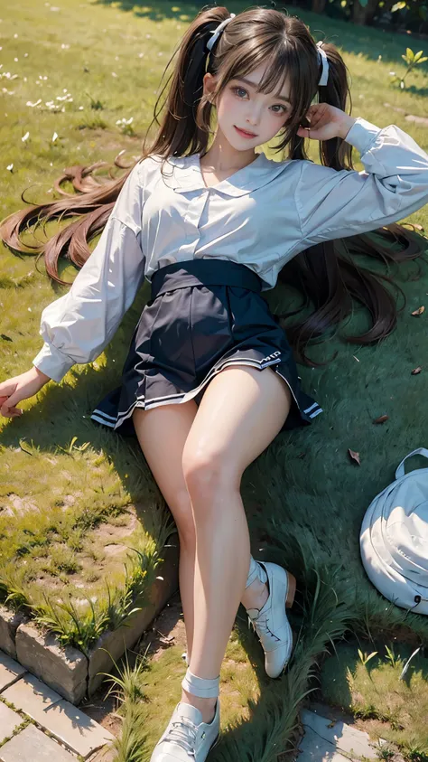 ((Lying on the grass:1.3, Lying on your back:1.3)), ((Shot from above)), (One girl), Twin tails, Brown Hair, Chi Bangs, Carly, Maid, flight, Cute Shoes, ((White sailor suit and short skirt)), (Beautiful breasts), Pink ribbon, ((16 years old, Beautiful scho...