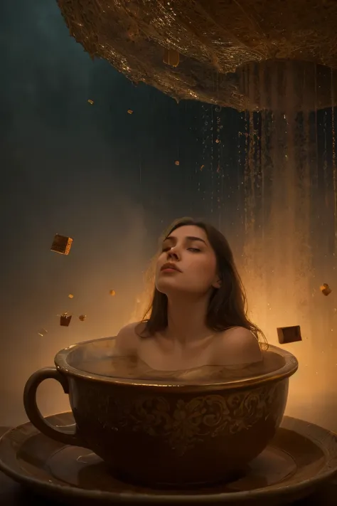 woman floating in a giant tea cup, honey and sugar cubes are raining down, hyperrealistic, intricate details, 8k, masterpiece, cinematic lighting, warm color tones, dreamlike, surreal, whimsical, highly detailed face and eyes, beautiful young woman, elegan...