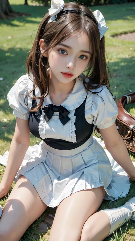 ((Lying on the grass)), (One girl), (Short Hair), Twin tails, Brown Hair, Chi Bangs, Carly, Maid, flight, ((White sailor suit and short skirt)), Pink ribbon, (16-year-old beautiful girl model), (Detailed eyes and face:1.3), (Detailed legs:1.3), (Perfect An...