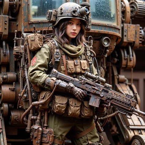 ((super intricate all details)),((super realistic all textures)),Overall photo of a female soldier sitting on a piece of fictional WWII Japanese military type weapon, beautiful face, dirty clothes, very intricate details, olive drab paint, peeling paint, w...