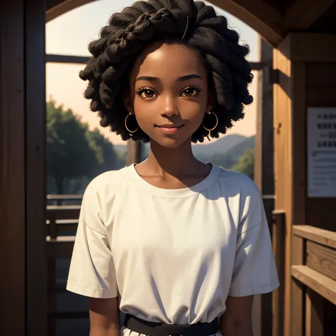 masterpiece, best quality), deep ebony 1girl, beautiful face, short Afro braids , cute, , beautify, Lofi vibe,, cute night vibe, concentrated, hands outside of the picture, Christian ,church vibe , smart clothing, cute look, clothing is dry and baggy, smal...