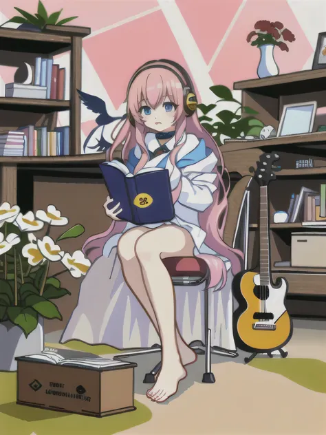 1girl,computer,headphones,laptop,solo,megurine luka,pink hair,instrument,bird,guitar,acoustic guitar,barefoot,food,box,book,sitt...