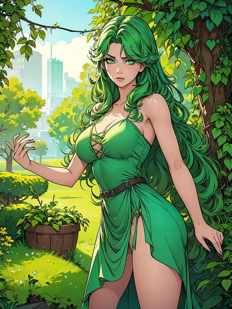 a young woman with green hair, mint green eyes, long hair wearing a vine dress. has the power to control nature and control vine...