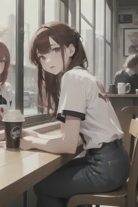 3 girls, Redhead, Updo, Facial hair stripes, Red eyes, skirt, Sagging under the eyes, Sitting, coffee shop, Ground angle shot, Viewers looking up, Impact, 8k, masterpiece,Pants that look like they can be seen、uniform、student