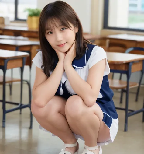 highest quality、Ultra-high resolution、8k、masterpiece、Clear photos、Sharp focus、Delicate and beautiful 、Very cute school girl、slender、very short navy pleated skirt、mini skirt:1.8、Very short bob hair、Brown Hair、smile、(Squatting with legs apart facing the came...