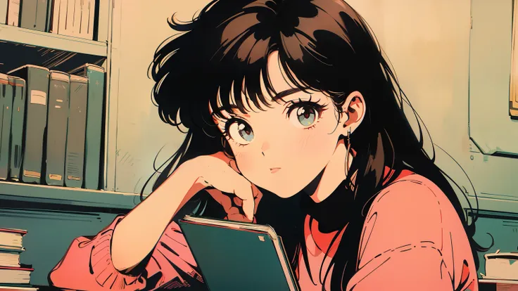 best quality, 4K wallpaper, masterpiece, extremely detailed CG unity 8k wallpaper, extremely detailed eyes, ultra-detailed, intricate details, retro,  library scenery, brunette girl, picking a book, looking at the whole upper body, looking at the book