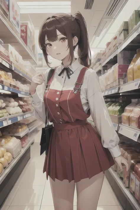 1 girl, Redhead, ponytail、 Facial hair stripes, Red eyes, Impact, RAW Photos, 8k, shopping、shopping、Shopping Center、