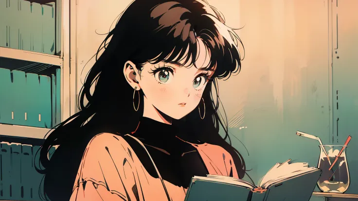 best quality, 4K wallpaper, masterpiece, extremely detailed CG unity 8k wallpaper, extremely detailed eyes, ultra-detailed, intricate details, retro, A girl standing, brunette, library, picking a book, looking at a book, the whole upper body