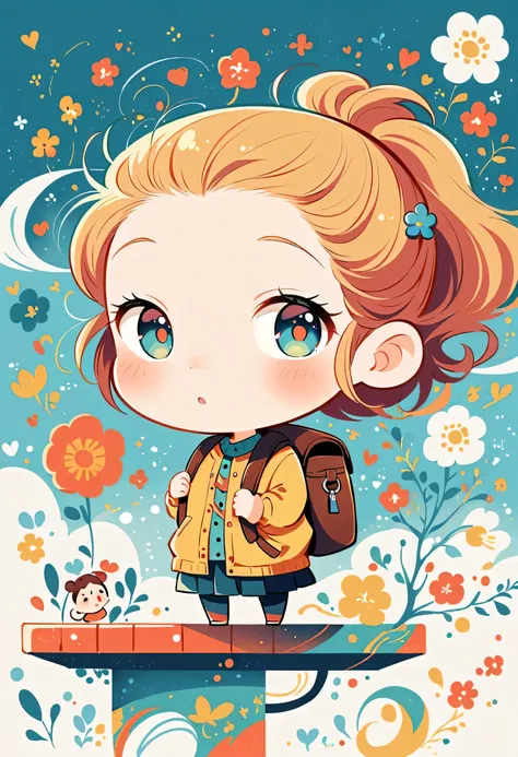 Yomu style, Standing on the roof，Girl with backpack on rooftop，My backpack is full of happy spring，Simple Line Initialism，Abstract art，Urban Background, (((The most beautiful girl))), (((chibi)))