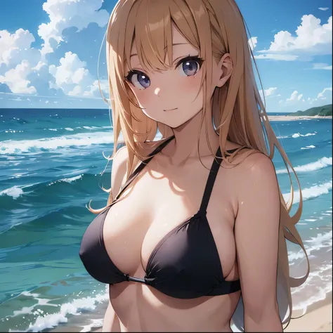 Blonde girl drawn in high definition Japanese anime style、whole body、Women in blue bikinis taking photos on a deserted beach, Bikini Model, , A young and cute gravure idol, Posing together in a bra, Russian and Japanese mix, sakimichan, Asian woman, Wear a...