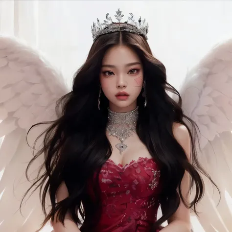 a close up of a woman wearing a tiable and a red dress, blackpink jennie, young wan angel, jossi of blackpink, with beautiful wings, portrait of jossi of blackpink, with large wings, villainess has black angel wings, lovely queen, of beautiful angel, with ...