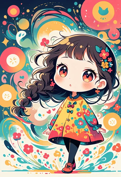 Yomu style, kawaii design，Dreams and Hopes，Simple Line Initialism，Abstract art，Urban Background, (((The most beautiful girl))), (((chibi))), walking, colorful flowers