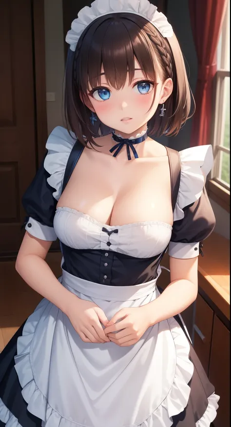 masterpiece, best quality, highly detailed, ultra high res, aichan, large breasts, 1girl, solo, blue eyes, short brown hair, side braid, glossy lips, maid, collarbone, cleavage, short puffy sleeves, small maid apron, thigh highs, choker