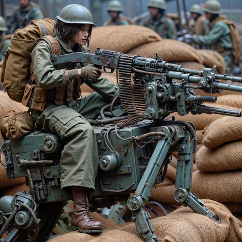 ((super intricate all details)),((super realistic all textures)),Overall photo of a female soldier sitting on a piece of fictional WWII Japanese military type weapon, beautiful face, dirty clothes, very intricate details, olive drab paint, peeling paint, w...