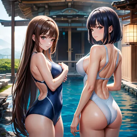 (4K,masterpiece,best quality),nsfw,(back shot),medium shot,outdoor,no item,no object,bob cut,long hair,brown hair,detailed face,light smile,shy,no nose hole,(two japanese women stand next to each other),(35 years old):1.2,slender body,finely detailed skin,...