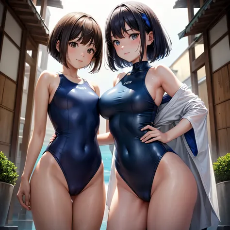 (4K,masterpiece,best quality),nsfw,(back shot),medium shot,outdoor,no item,no object,bob cut,long hair,brown hair,detailed face,light smile,shy,no nose hole,(two japanese women stand next to each other),(35 years old):1.2,slender body,finely detailed skin,...