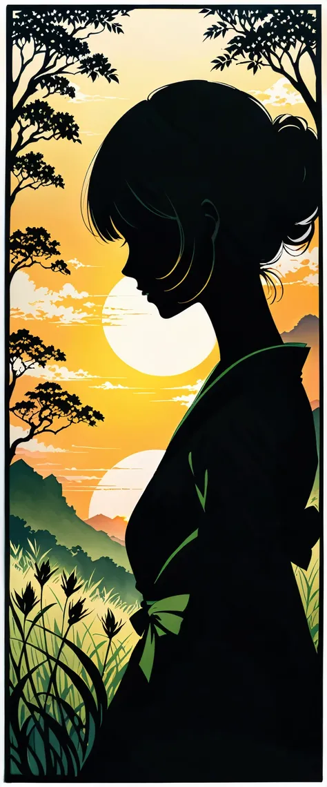 (Silhouette Art,cutouts:1.6) (((Paper cutting art,A world where only black exists:1.3) (Cowboy Shot),1 girl,Solo, (Kimono Girl,profile:1.2),white, Clear and beautiful face,Sunrise behind break (morning glow、Viola　green grass:1.1) Textured glass background,