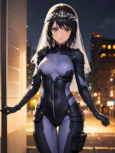 shizune,
break (armor, bodysuit, pauldrons, purple bodysuit, shoulder armor, thighs, veil, black veil:1.2),
break street, standi...