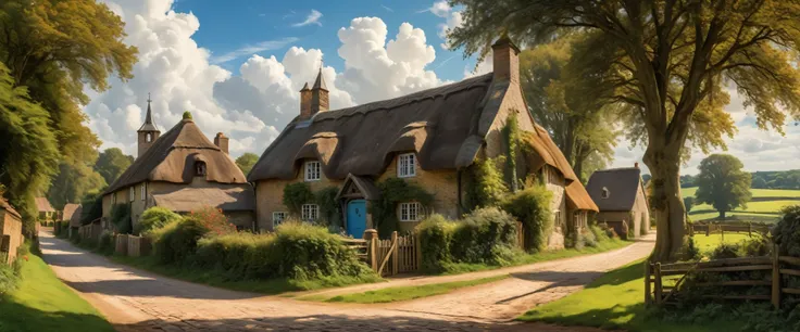 a beautiful detailed countryside landscape, rolling green hills, a quaint old english village, thatched roof cottages, cobblestone streets, horse-drawn carriage, a majestic church steeple, fluffy clouds in a blue sky, warm golden sunlight, intricate foliag...