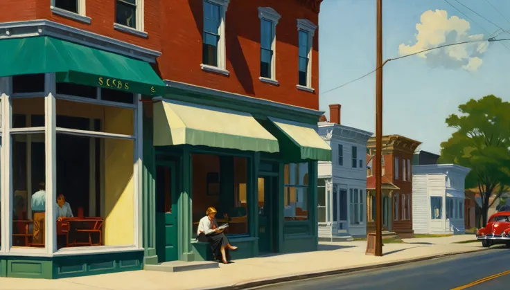 Small Town America, 1950ss, by Edward Hopper, best quality, masterpiece, very aesthetic, perfect composition, intricate details, ultra-detailed

