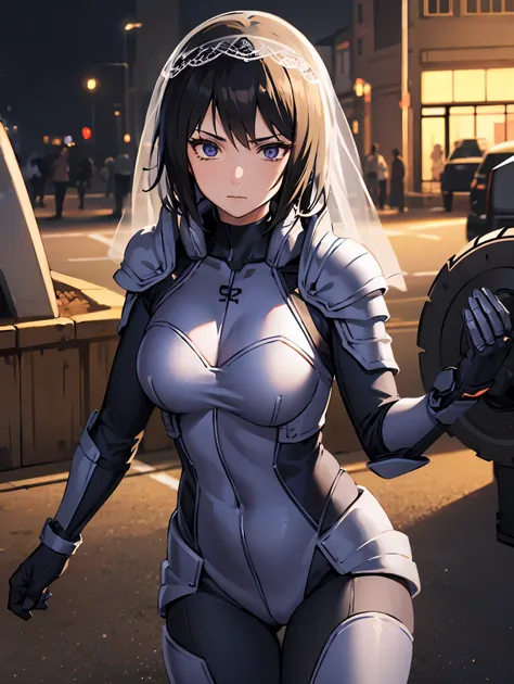 shizune,
break (armor, bodysuit, pauldrons, purple bodysuit, shoulder armor, thighs, veil, black veil:1.2),
break street, standi...