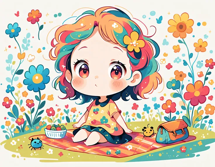 Hayao Miyazaki style, kawaii design，Dreams and Hopes，Simple Line Initialism，Abstract art，Urban Background, (((The most beautiful girl))), (((chibi))), picnic, colorful flowers, Colorful and cute pillbugs