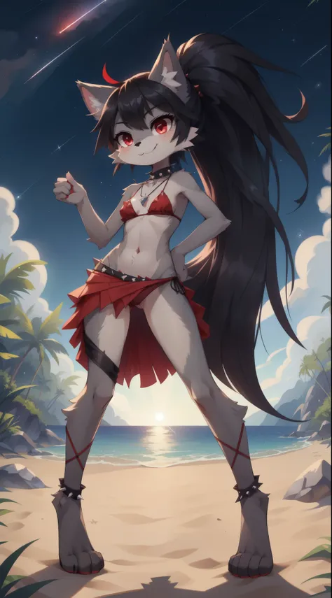 furry girl, wolf, black hair, punk hairstyle, long spiky ponytail, anime style, small breasts, red eyes, ((deep red bikini ruffled triangle, high cut bottom, star necklace, beach sarong with shooting stars on hips)), high quality, detailed body, detailed e...