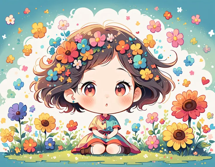 Hayao Miyazaki style, kawaii design，Dreams and Hopes，Simple Line Initialism，Abstract art，Urban Background, (((The most beautiful girl))), (((chibi))), picnic, colorful flowers, Colorful and cute pillbugs, dream and hoops