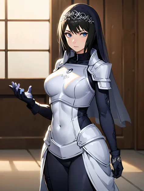 shizune,
break (armor, bodysuit, pauldrons, sexy bodysuit, shoulder armor, thighs, veil, black veil:1.2),
break street, standing...