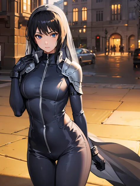 shizune,
break (armor, bodysuit, pauldrons, sexy bodysuit, shoulder armor, thighs, veil, black veil:1.2),
break street, standing...