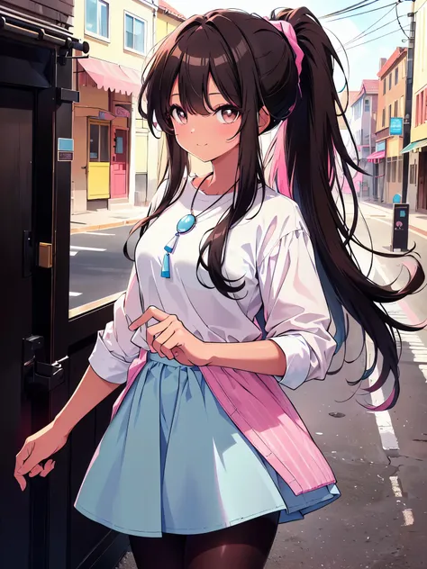 (cowboy shot), colorful, (ultra-high resolution, depth of field:1.2), 1woman, medium breasts, (tan skin:1.4), (brown eyes), (long straight black hair), ponytail, bangs, white, (white casual shirt:1.4), light blue necklace, (pink skirt:1.1), (light blue str...